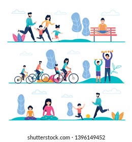 Family Sport and Outside Activity Flat Cartoon Set. Mother, Father, Son, Daughter Jogging, Cycling, Playing with Ball, Exercising with Dumbbells, Meditating or Doing Yoga Exercise. Vector Illustration