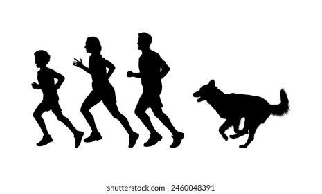Family sport running with dog black silhouette. Group of people jogging with dog side view vector silhouettes.	