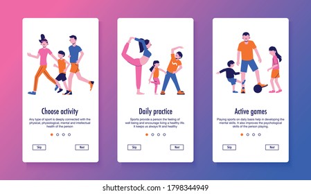 Family sport set of three vertical banners with human characters editable text and page switch buttons vector illustration