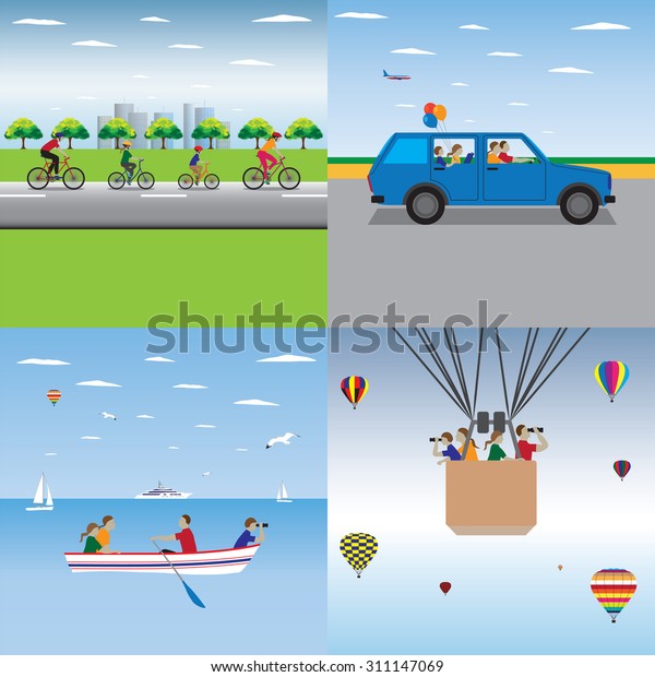 Family sport.\
Family summer vacation, tourism and journey. Active family. Vector\
illustration. Elements for\
design.