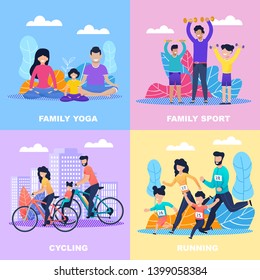 Family Sport Time Flat Cartoon Cards Set. Parents and Children Running Marathon, Cycling, Doing Yoga and Dumbbells Exercises. Recreation Together. Healthy Lifestyle Motivation. Vector Illustration