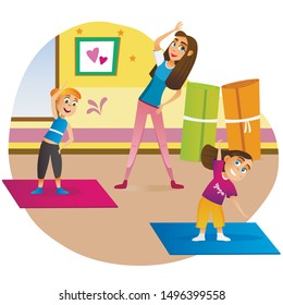 Family Sport Training. Cartoon Mother Doing Yoga Exercise With Children On Floor Mat Vector Illustration. Kid Yoga Practice Home Room Indoors. Woman Teaching Boy Girl Pilates Gymnastics