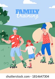 Family sport training and workout banner or poster with cartoon characters, flat vector illustration. Active family with a child on roller skates in park in the summer.