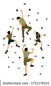 Family Sport Weekend Action In Adventure Park Vector Illustration Isolated On White. Mother, Father And Children Climbing On Rock Wall. Boy And Girl Climbers Skills. Man And Woman Take Care Of Kids.