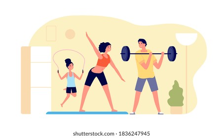 Family sporting at home. Exercise training, sport workout indoor. Woman man kid active morning life, healthy mom father vector illustration