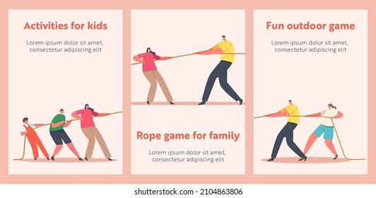 Family Sports Activity Cartoon Banners. Mom, Dad and Children Characters Tear Rope, Tug of War Competition Between Parents and Kids. Generational Conflict, Struggle Concept. People Vector Posters