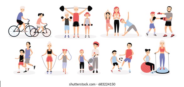 Family sports activity collection. Mothers and fathers with children set. Bosu, weightlifting, boxing, jumping rope, tennis, football, jogging, yoga, cycling training. Colorful vector illustration.