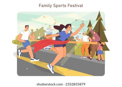 Family sports day. Active family lifestyle. Fitness competition and festival. Parents and children in sportswear participate in competitive sporting activities. Flat vector illustration