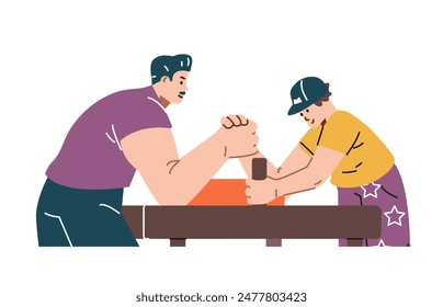 Family sports duel. A vector image of a father and son arm wrestling, capturing the essence of family bonding and sportsmanship. Simple flat style, isolated.