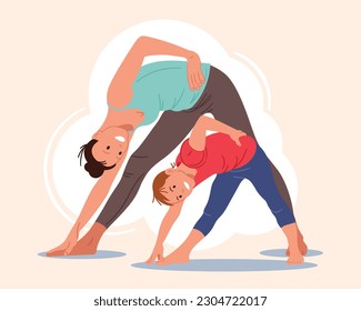 Family sports, exercise. Mother and daughter working out together. Young parents and children do fitness or aerobics. Cartoon people Vector illustration