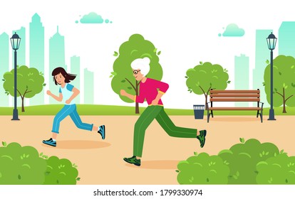 Family sports. Grandma and granddaughter run through the city Park doing sports. Vector illustration in modern flat style. 