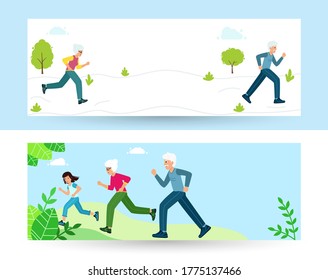 Family sports. Grandmother, grandfather and child run in city Park doing sports. Vector illustration in modern flat style. Concept healthy lifestyle