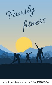 Family sports and outdoor activities. People do fitness in nature, perform physical exercises on background of mountains and sun. Children and parents lead an active and healthy lifestyle. Flat vector