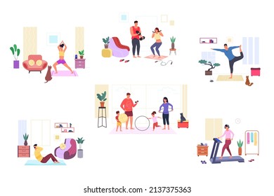 Family sports stretching. Diverse position of sport exercise home workout characters, fit couple doing casa gym wellness kid with father practicing yoga, vector illustration. Sport family training