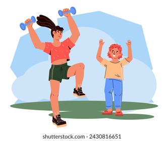 Family sports and workouts, ways to bond with children while staying active and healthy. Family physical activity into and active games banner, flat vector illustration isolated on white.