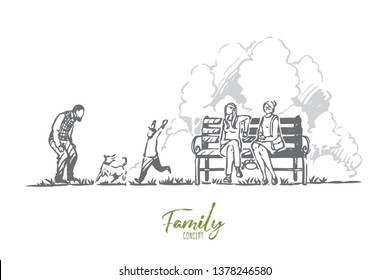 Family, spring, park, dog, nature concept. Hand drawn child has fun with parents and dog in the park concept sketch. Isolated vector illustration.