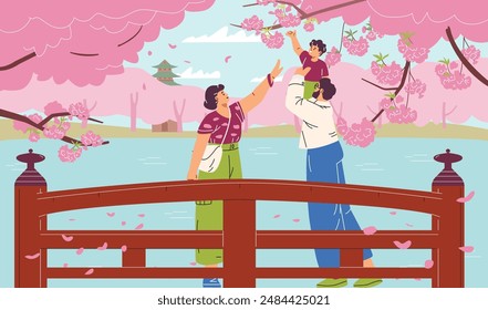 Family in the spring park with Sakura blossom trees. Child enjoying cherry pink flowers on wooden bridge on the lake. Hanami festival vector flat illustration. Japanese nature