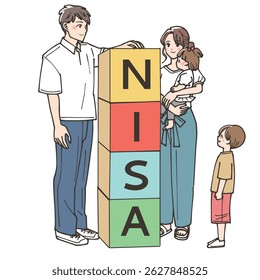 A family stacking blocks with the word "NISA" written on them