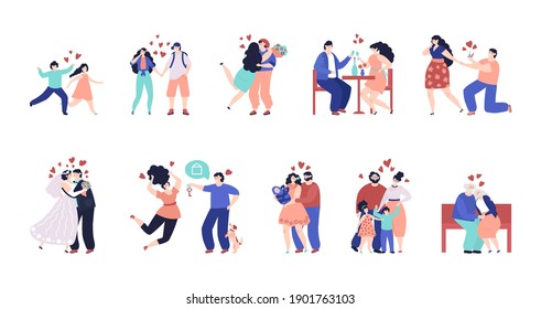 Family stages. Happy children, young people planning child. Different ages couples, parents relationships marriage newborn decent vector set