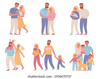 Family stages. Love couple relationship, marriage, pregnant woman, parents and newborn baby, mom, dad and kid. Family development vector set