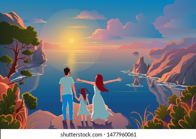 Family stand on the edge of a cliff with a beautiful view of nature and admire the sunset and the scenery