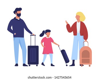 Family standing in the airport with buggage. Idea of travel and tourism. Woman, child and man standing in queue. Vector illustration in cartoon style