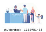 Family standing at airport check-in counter or registration desk and talking to female worker. Scene with tourists or travellers at hotel lobby. Colorful vector illustration in flat cartoon style.