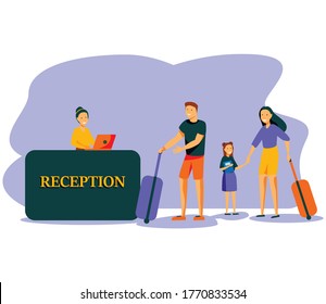  Family standing at airport check-in counter or registration desk and talking to female worker. Scene with tourists or travellers at hotel lobby. Colorful vector illustration in flat cartoon style. Ve