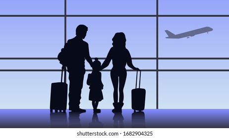 Family standing in airport with suitcases silhouette vector illustration