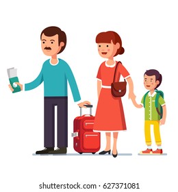 Family standing with boarding spinner wheeled bag. Father holds passport and tickets, mother holds sons hand. Flat style character vector illustration isolated on white background.