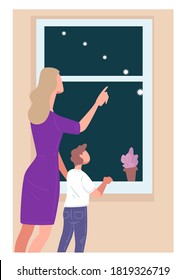 Family standing by window looking at sky with stars. Mom showing son big dipper or milky way at night. Mother and kid watching starry evening. People at home in moonlight, vector in flat style