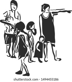 The family are standing in different actions while parenting their children the mother is pointing somewhere, the father just stand and their children are making different position.  