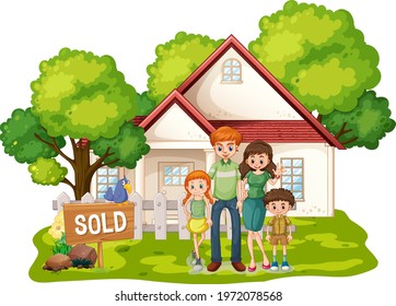 Family standing in front of a house for sale on white background illustration