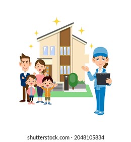 A family standing in front of a house and a woman in blue work clothes holding documents