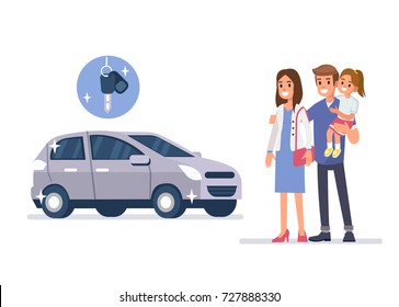 
Family standing near new car. Flat style vector illustration isolated on white background.