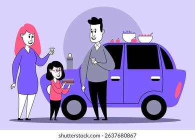 Family standing near parked car enjoying snacks and drinks. Woman and man smiling while girl sharing food, creating joyful atmosphere outdoors