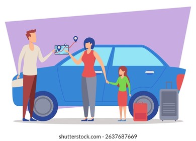 Family standing next to blue car while planning road trip. Father holding map, while mother and daughter discussing route. Luggage ready for travel