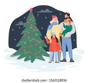 Family standing on the street at the christmas tree. Traditional holiday decoration. Happy people. Isolated vector illustration in flat style