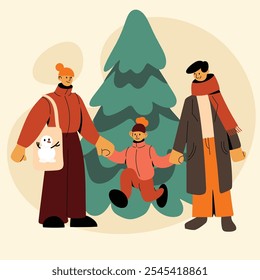 Family standing on the street at the christmas tree. Happy people. Illustration in flat style
