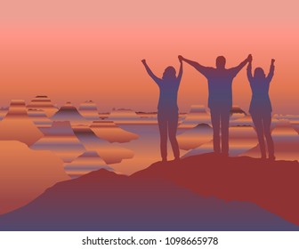 Family standing on top of the mountain holding raised hands. Vector and raster format of illustration available . Grand Canyon National Park, Arizona, USA.