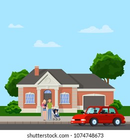 The family is standing outside. Vector flat illustration.