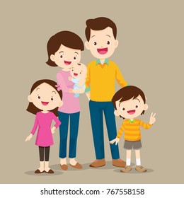 family  standing portrait. Vector illustration of a dad ,mom ,daughter,son and baby  smile be happy.