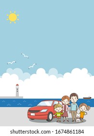 Family standing at the red car. Blue sky and sea background