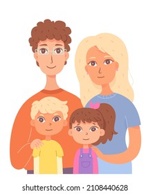 Family standing together, generation of relatives vector illustration. Cartoon cute portrait of happy mother and father, son and daughter children isolated on white