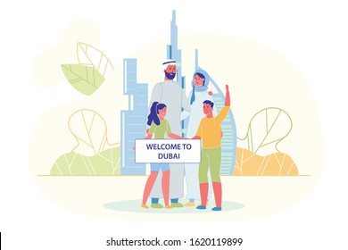 Family Standing Together and Holding Broadsheet with Welcome to Dubai Text Flat Cartoon Vector Illustration. Arab Khaliji Man, Woman in Traditional Clothing and Children with Buildings on Background.