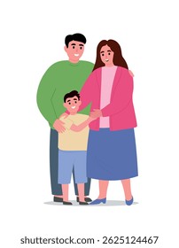 Family standing together. Mom, dad, son are happy, hugging, supporting each other. Vector flat graphics.