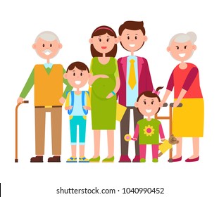 Family standing together, people of all ages, parents and children, teddy bear and toy, schoolchild and bagpack, vector illustration isolated on white