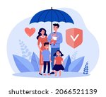 Family standing under insurance umbrella together. Shield protection for parents and children flat vector illustration. Health and life insurance concept for banner, website design or landing web page