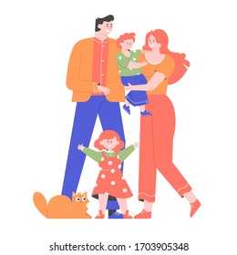 Family stands together. Dad, mom, son, daughter and cat. Vector flat illustration.