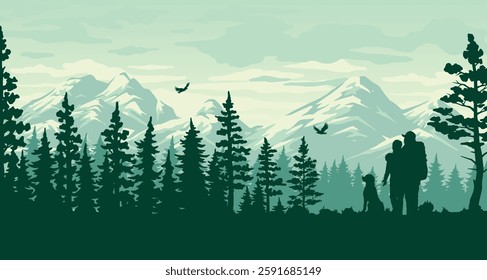 A family stands together in a mountainous area surrounded by tall pine trees and majestic peaks. Their dog looks up at them as birds soar in the sky highlighted by a serene atmosphere.